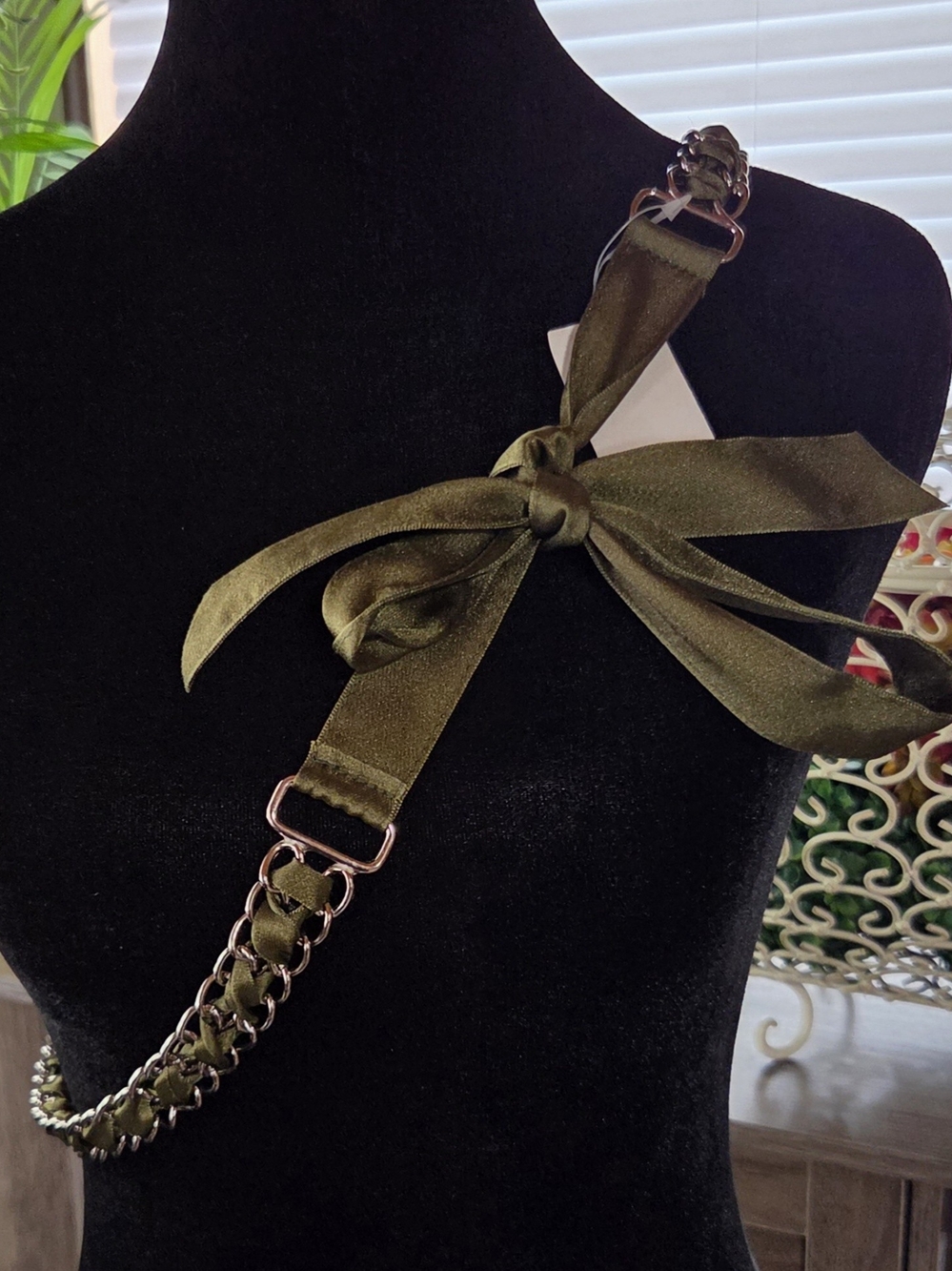 NWT Olive Green Satin Ribbon Chain Belt